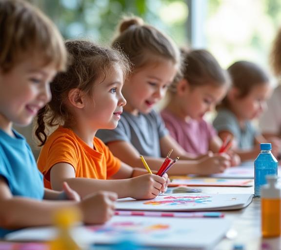 Niños participando en talleres creativos de arte y manualidades